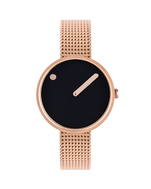 30 mm / Black dial / Matt rose gold mesh band